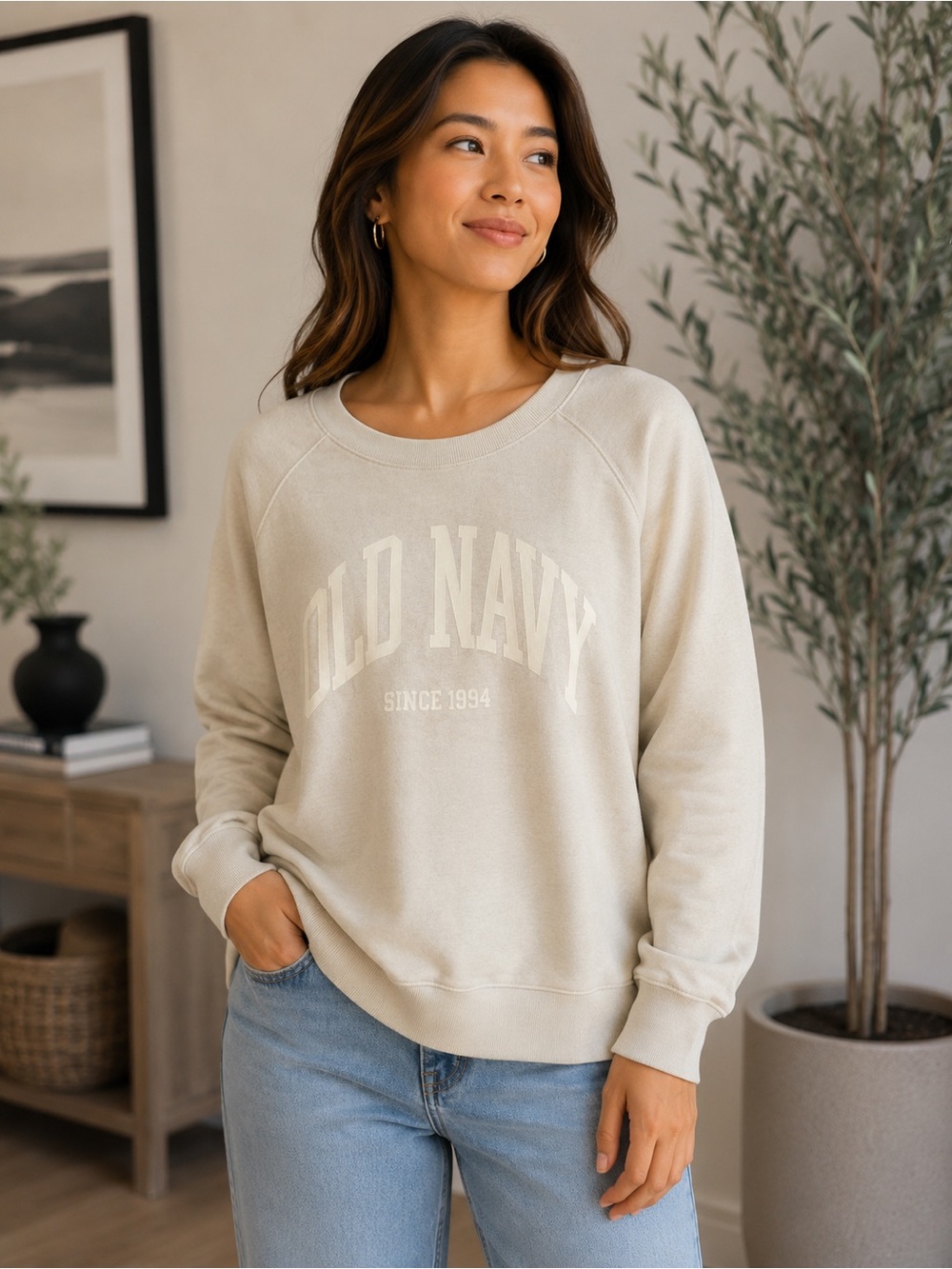 Old Navy Women's Cream Logo Crewneck Sweatshirt